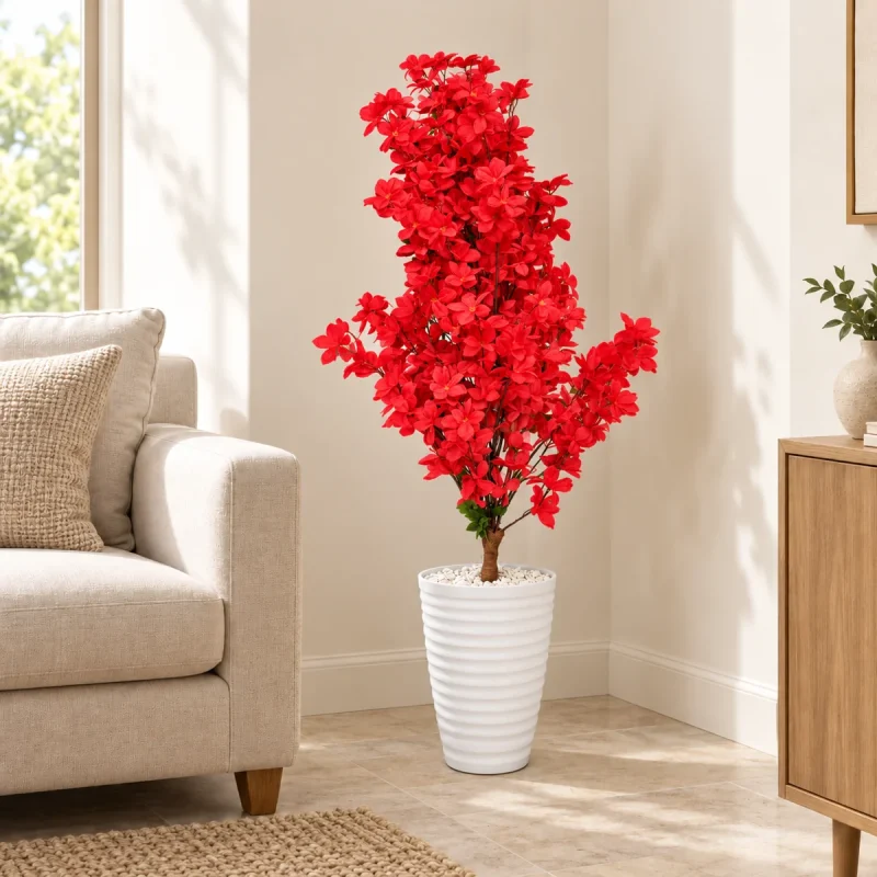 Arbre artificiel à fleurs rouges avec pot blanc dans un coin de salon – Plantora