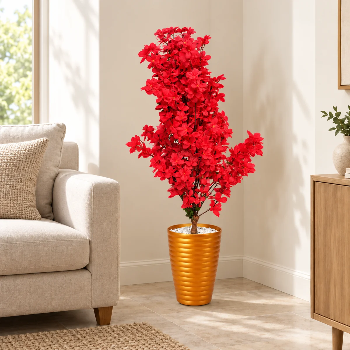 Arbre artificiel à fleurs rouges avec pot orange métallisé dans un coin de salon – Plantora